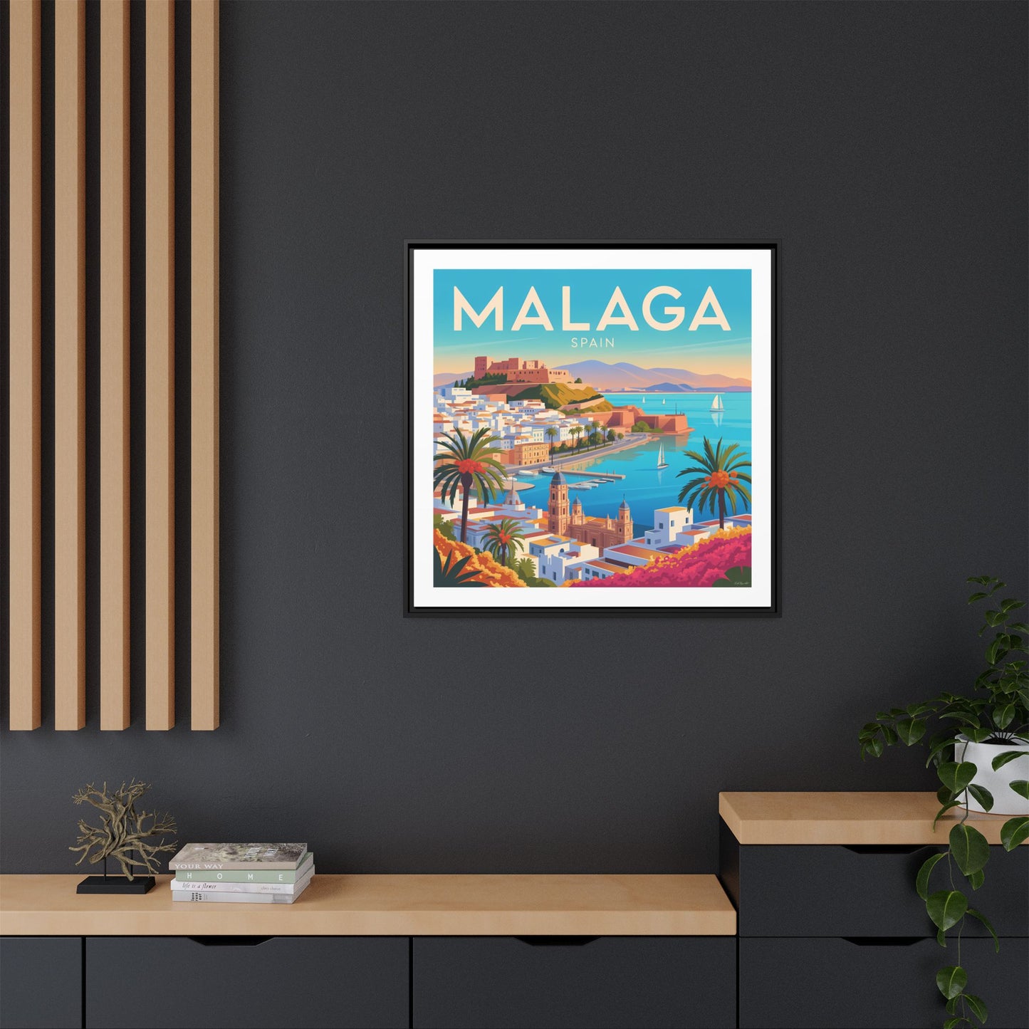 Malaga Spain Coastal  Matte Canvas Framed Wall Art| Vintage Style Travel Art