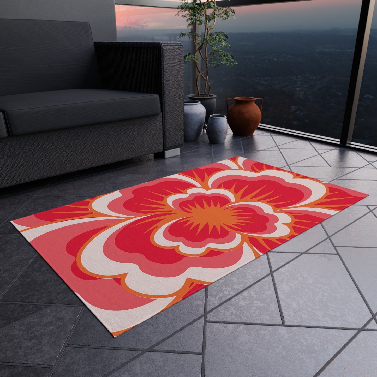 Bold Retro Floral Outdoor/Indoor Rug | Red Pink Hibiscus Pattern
