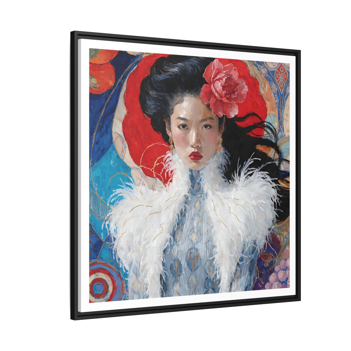 Asian Femme Portrait Matte Canvas Framed | Woman with Feather Collar Wall Art