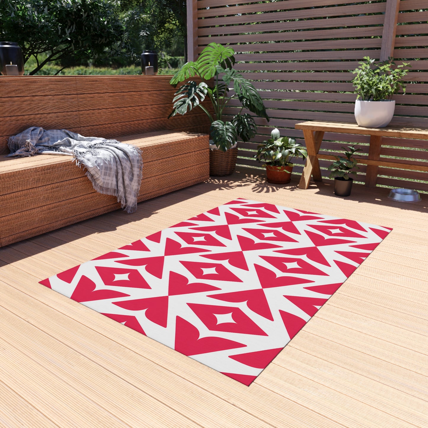 Rosey-Red Geometric Diamond Pattern Outdoor/Indoor Rug | Modern Patio Mat