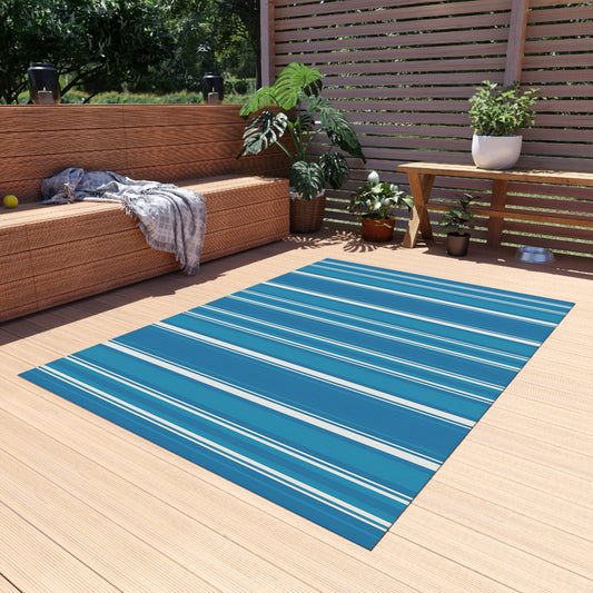 Blue Stripe Outdoor/Indoor Rug | Patio Mat, Coastal Striped Porch Rug