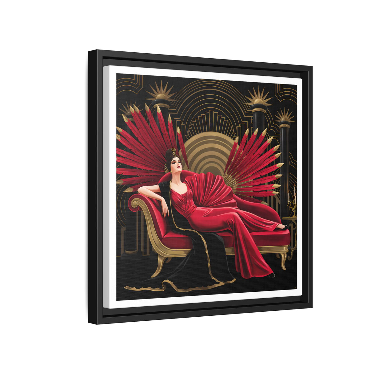 Art Deco Lady with Red Feathers Matte Canvas Framed Wall Art
