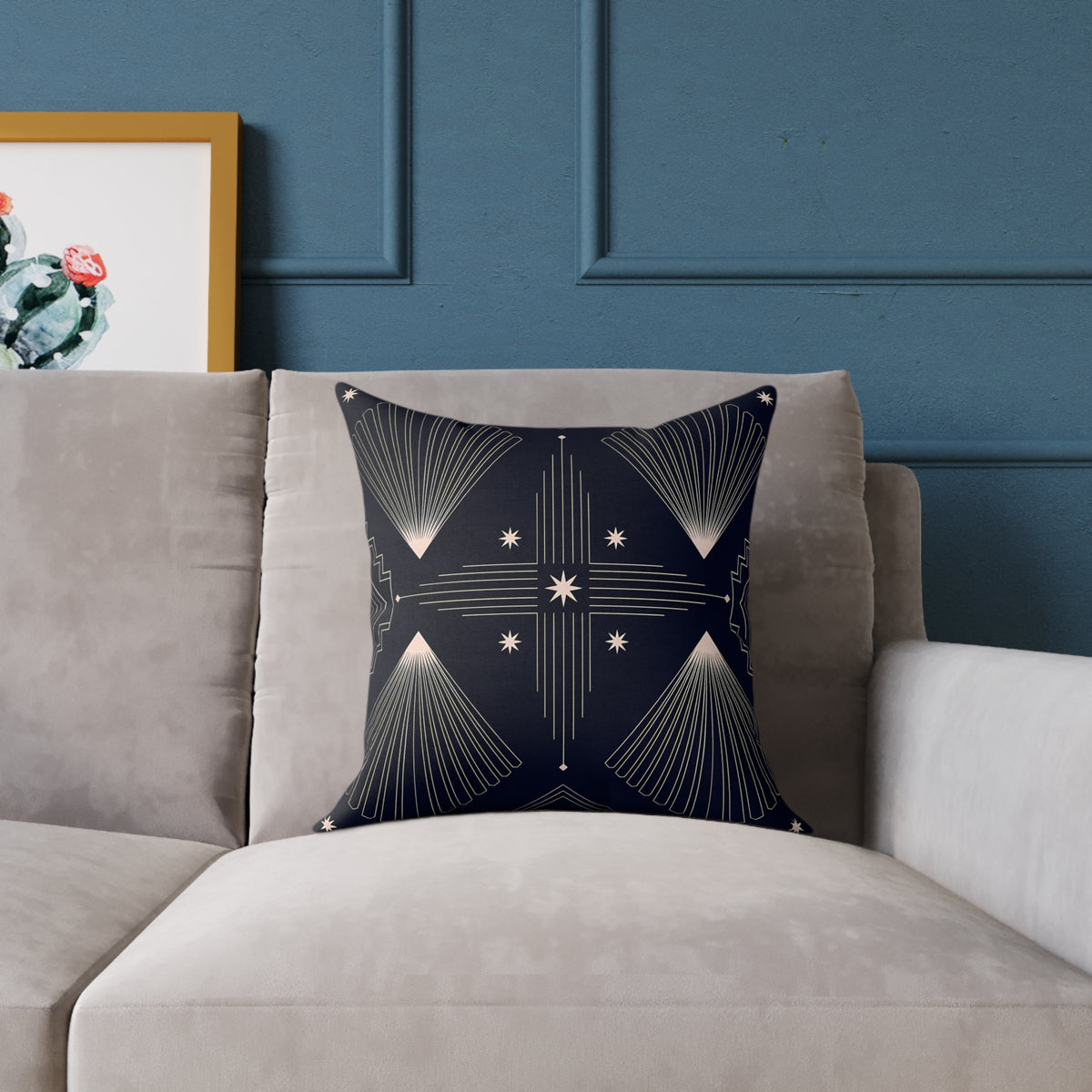 Indigo Blue Art Deco Starburst Square Pillow | Geometric Night Sky Throw Pillow