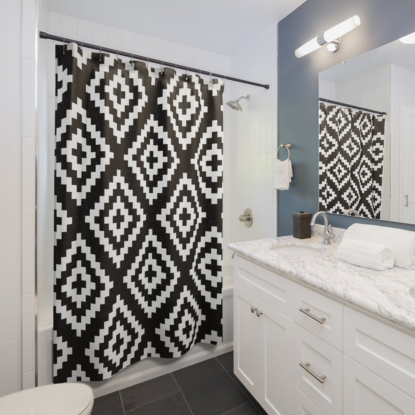 Black White Boho Native American Geometric Diamond Shower Curtain | Aztec Pattern