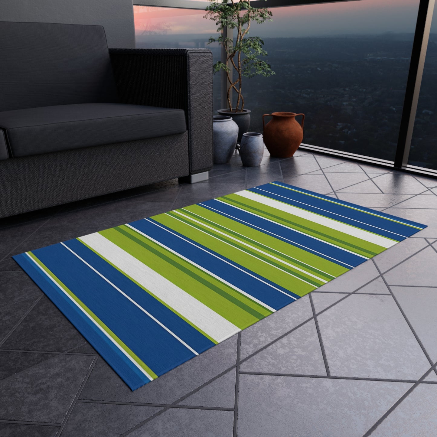 Blue Green Stripe Outdoor/Indoor Rug | Patio Mat, Weatherproof Outdoor Rug