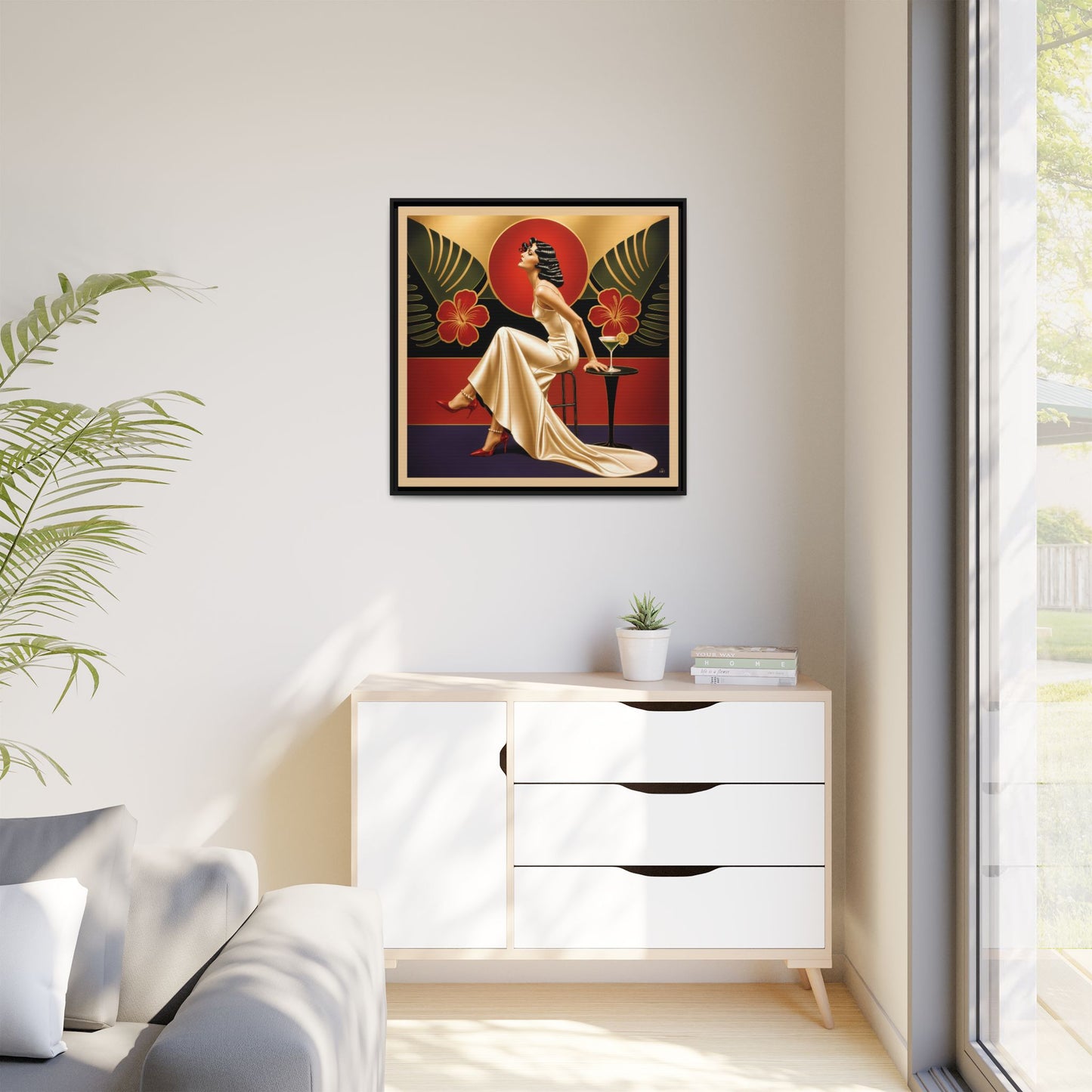 Art Deco Lady Red Green Beige Tropical Canvas Framed Wall Art | Matte Print
