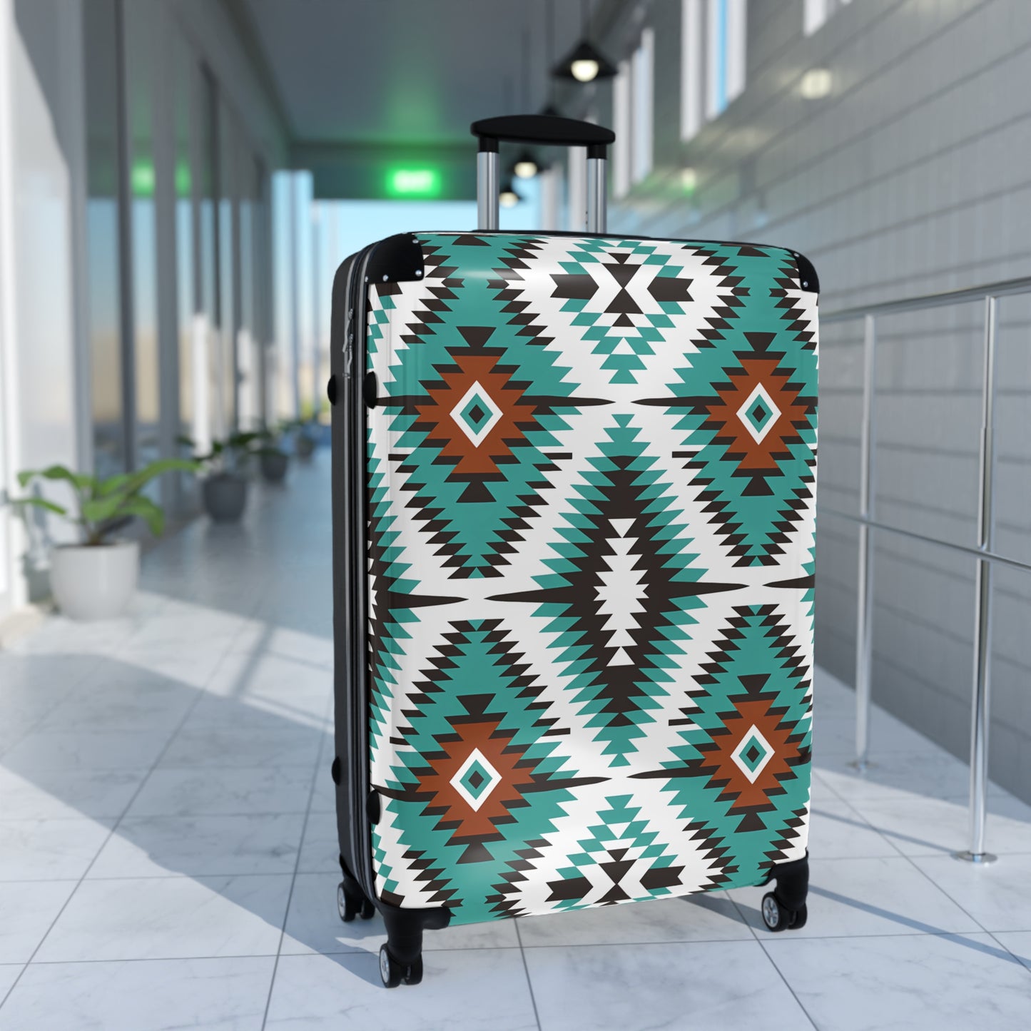 Southwestern Aztec Pattern Suitcase | Turquoise Brown Geometric Luggage
