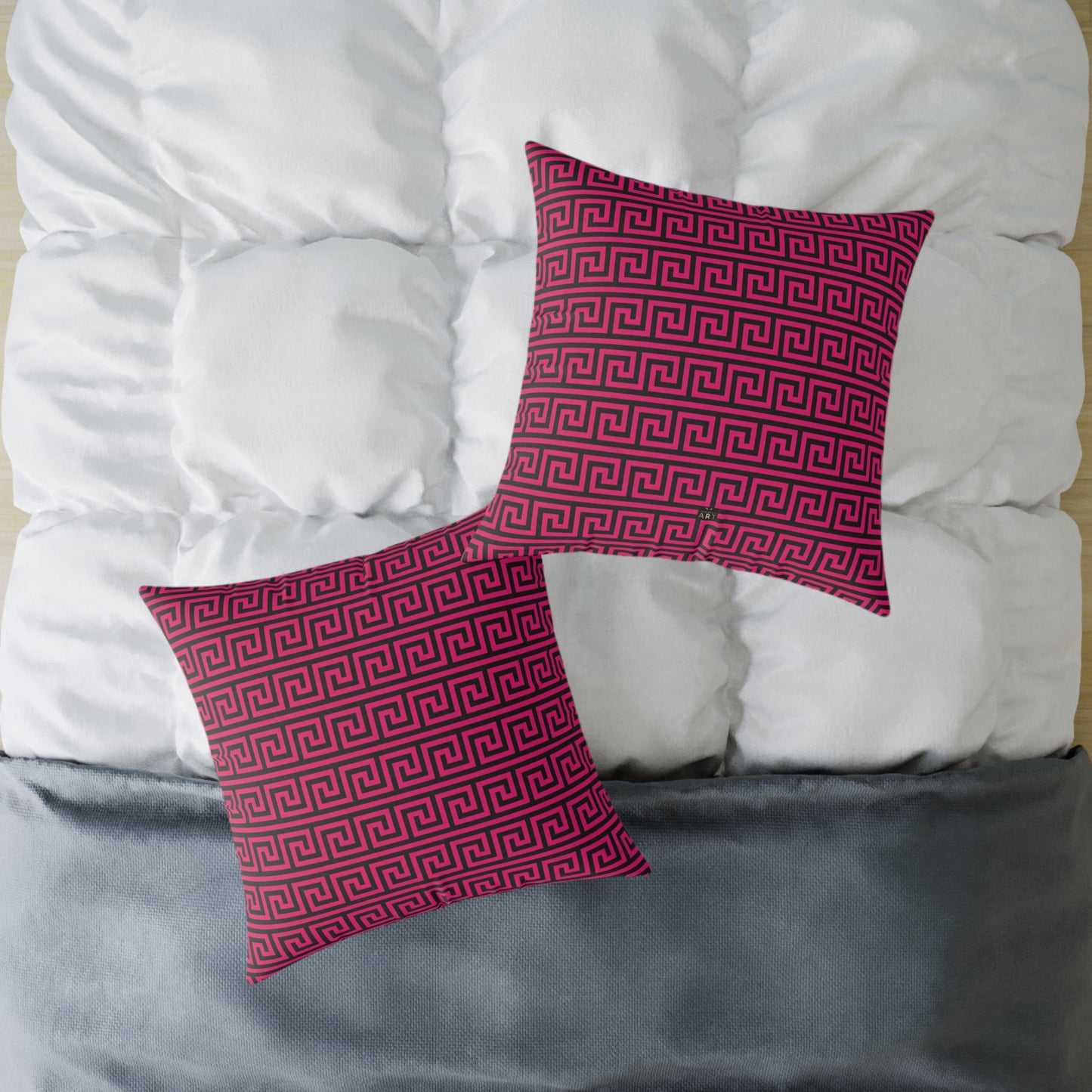 Greek Key Pattern Square Poly Canvas Pillow | Pink and Black Geometric Throw Pillow