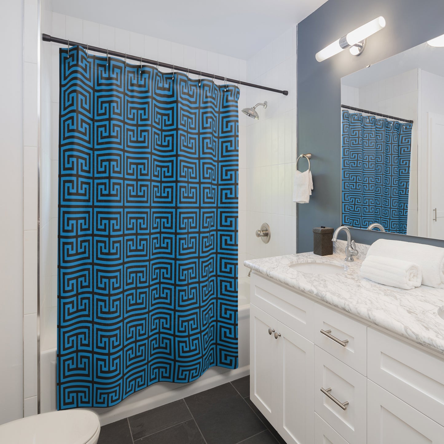 Blue Greek Key Pattern Shower Curtain | Geometric Bathroom Decor Glam Bathroom Accessory