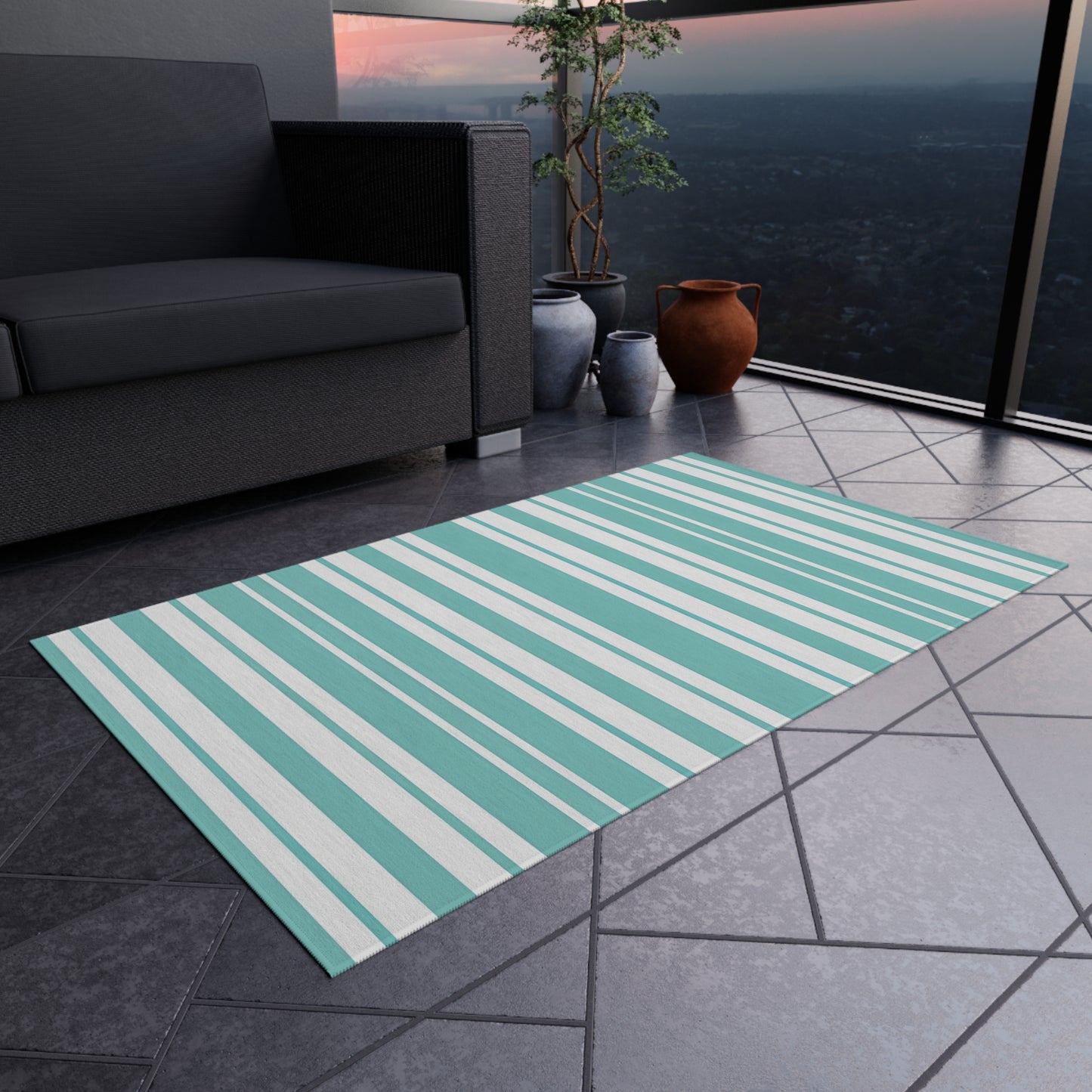 Aqua Stripe Outdoor/Indoor Rug | Teal Blue Striped Patio Mat