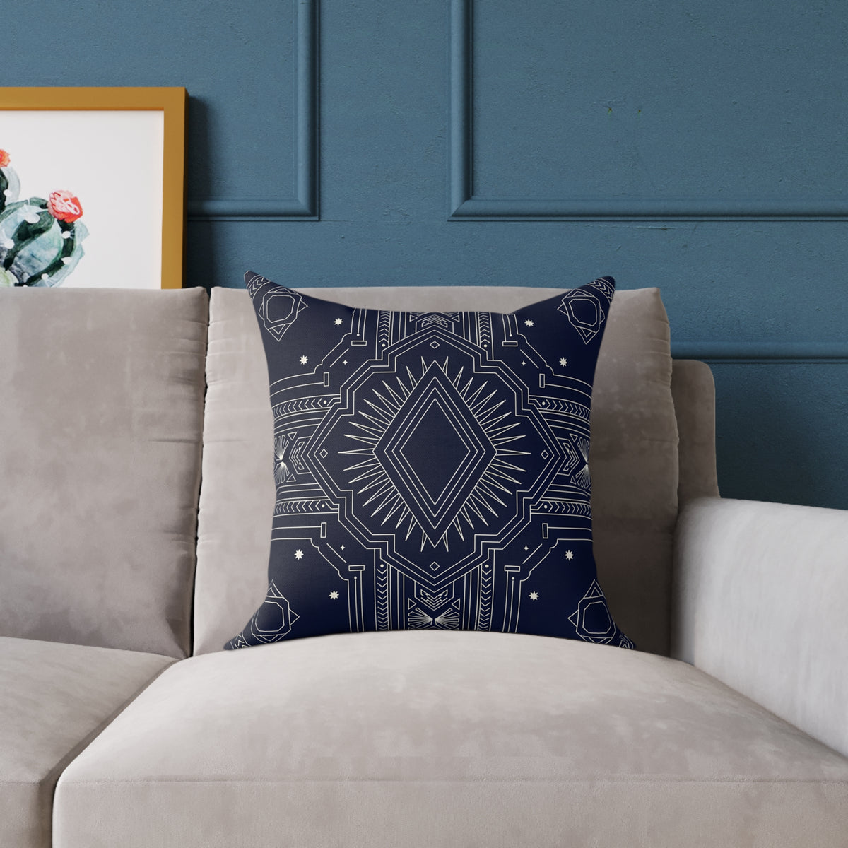 Navy Geometric Art Deco Mandala Square Pillow | Boho Decorative Throw Cushion