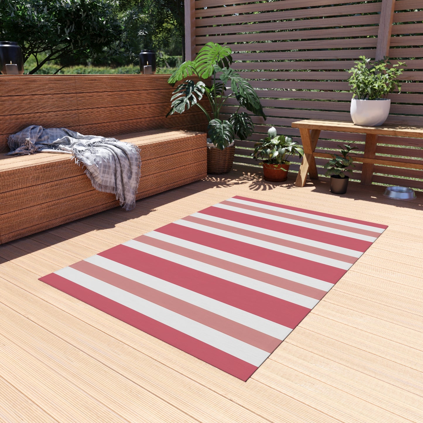 Light Pink Medium Pink White Striped Outdoor/Indoor Rug | Patio Mat