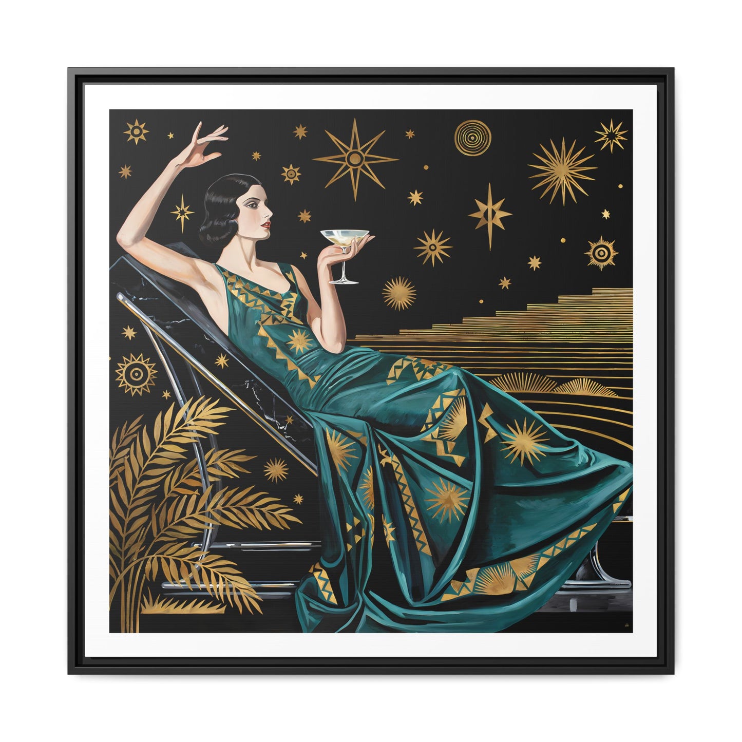 Art Deco Lady with Cocktail Matte Canvas Framed Wall Art
