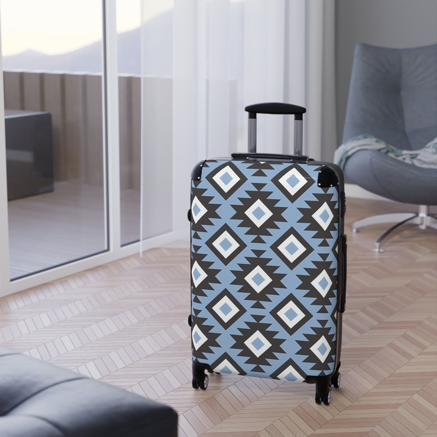 Southwestern Diamond Pattern Suitcase | Blue Aztec Luggage