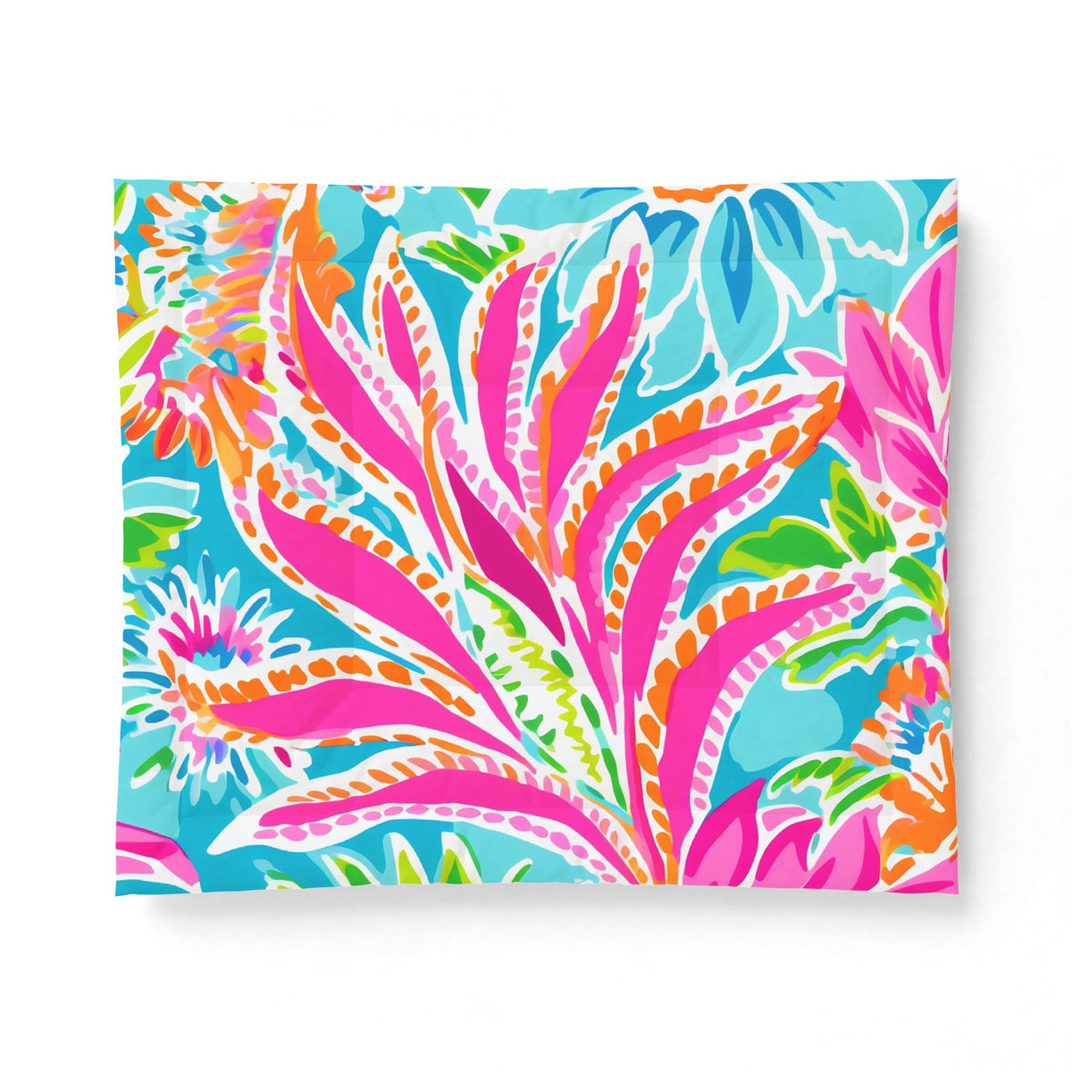 Tropical Floral Pattern Cotton Comforter | Bright Pink Blue Green Leaves
