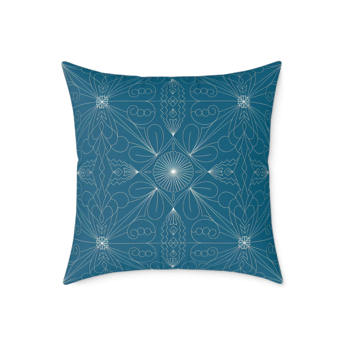 Teal Geometric Mandala Square Poly Canvas Pillow | Floral Star Pattern