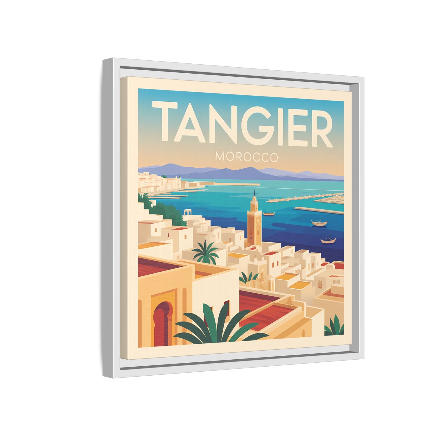 Tangier Morocco Travel Framed Wall Art Matte Canvas | Vintage Style Coastal Wall Art