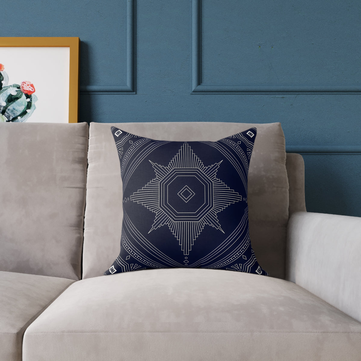 Geometric Star Mandala Square Pillow | Navy Canvas Throw Pillow