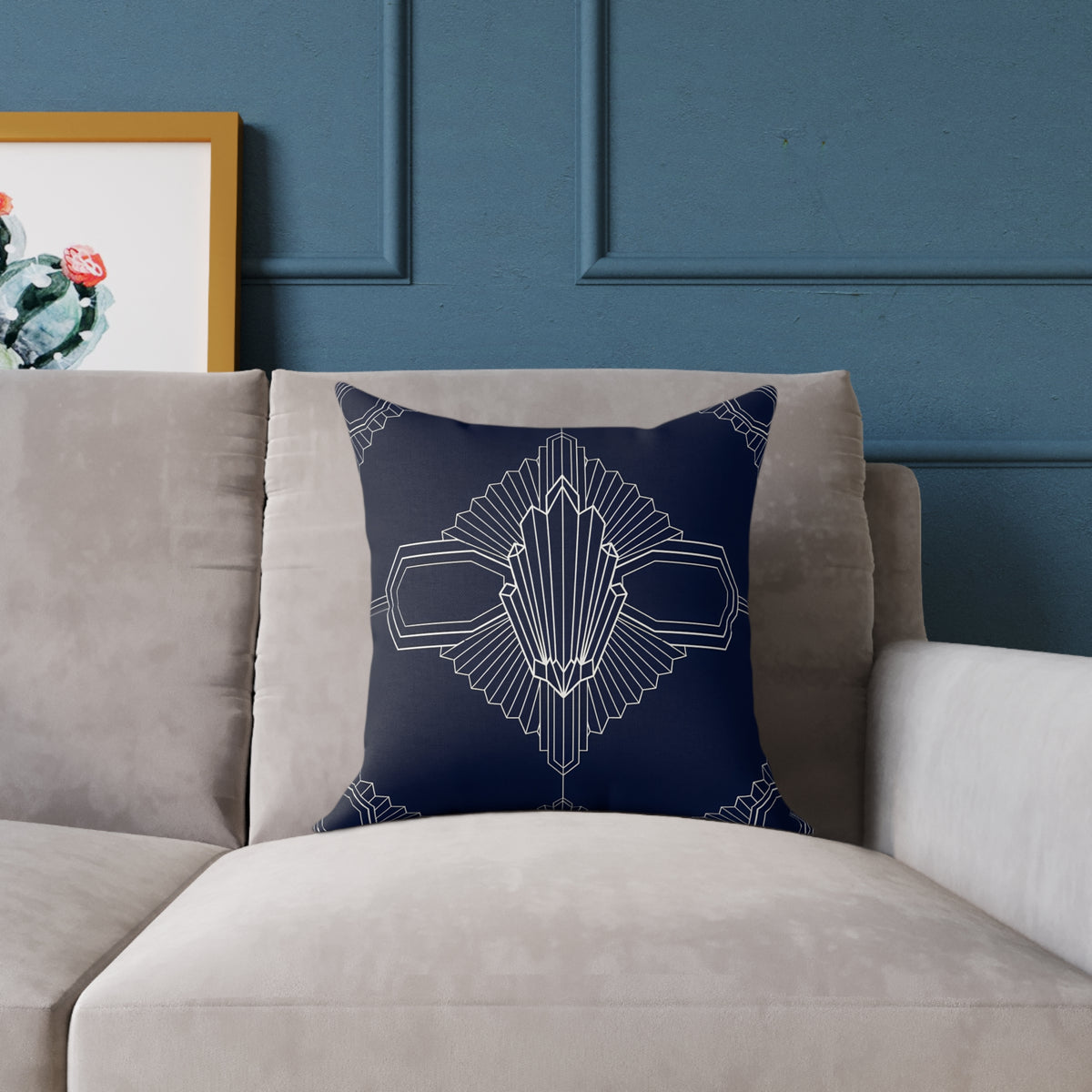 Art Deco Geometric Pattern Square Pillow | Navy White Canvas Throw Pillow