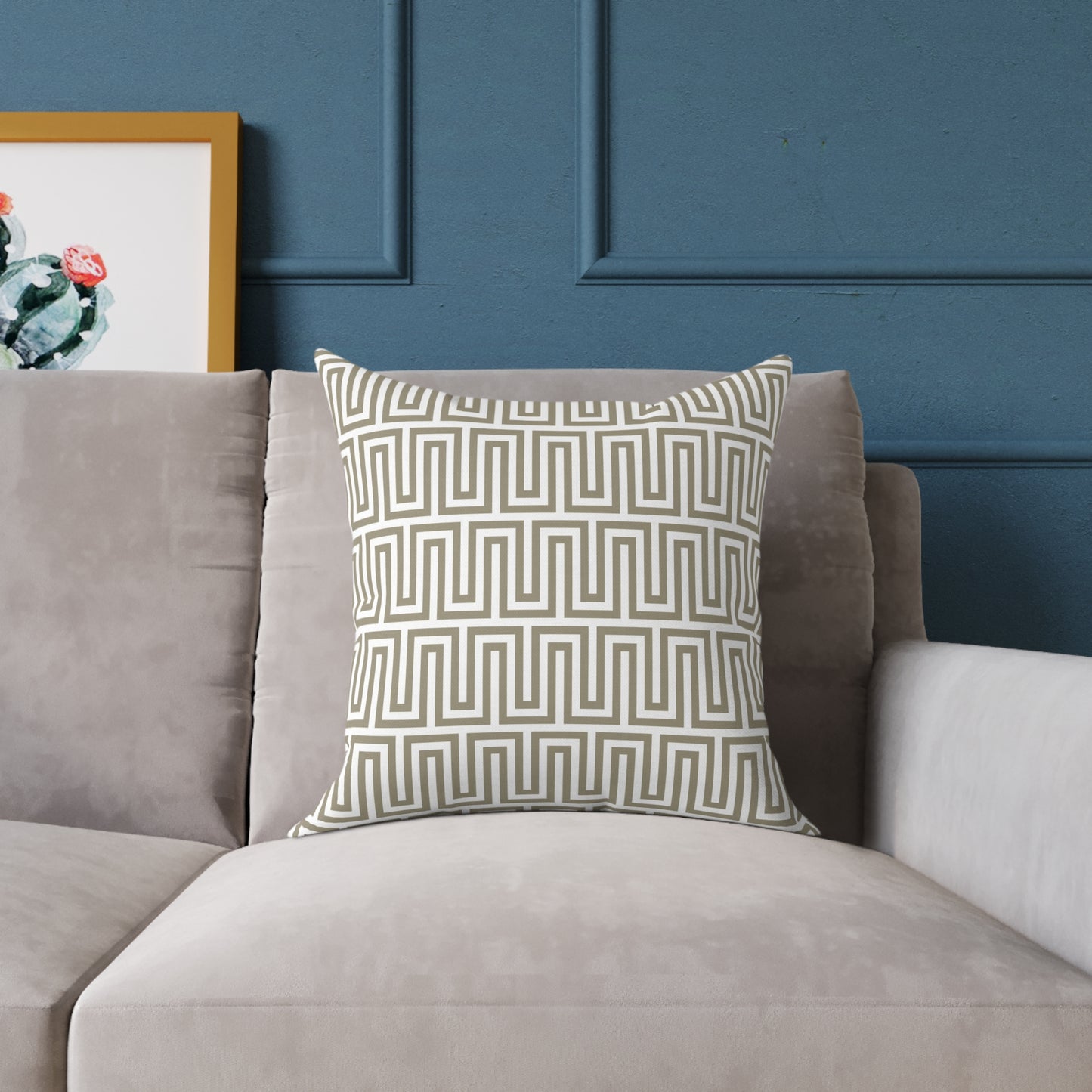 Tan White Greek Key Geometric Pattern Pillow | Square Poly Canvas Throw Pillow