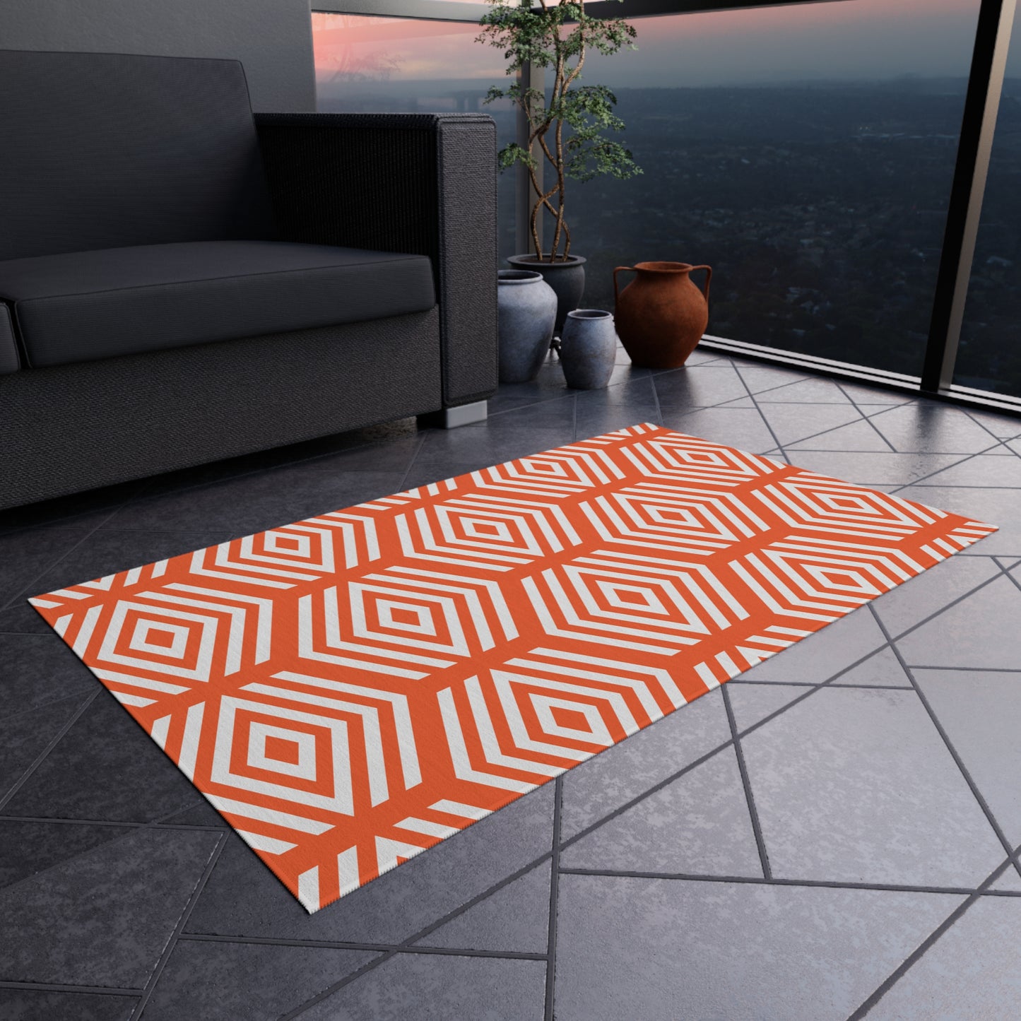 Geometric Hexagon Pattern Outdoor/Indoor Rug | Orange White Diamond Patio Mat
