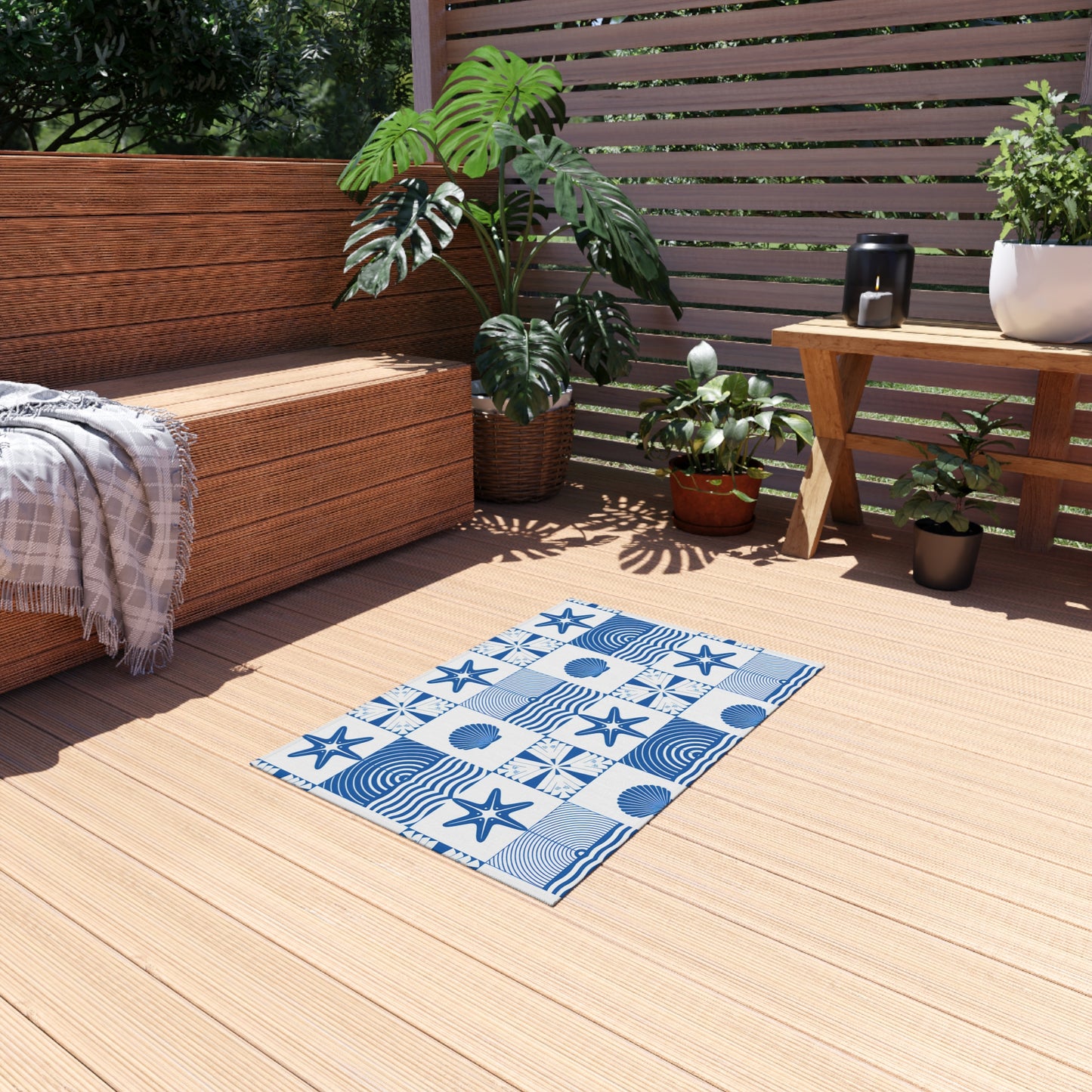 Nautical Seashell Starfish Checkered Outdoor/Indoor Rug | Coastal Patio Mat