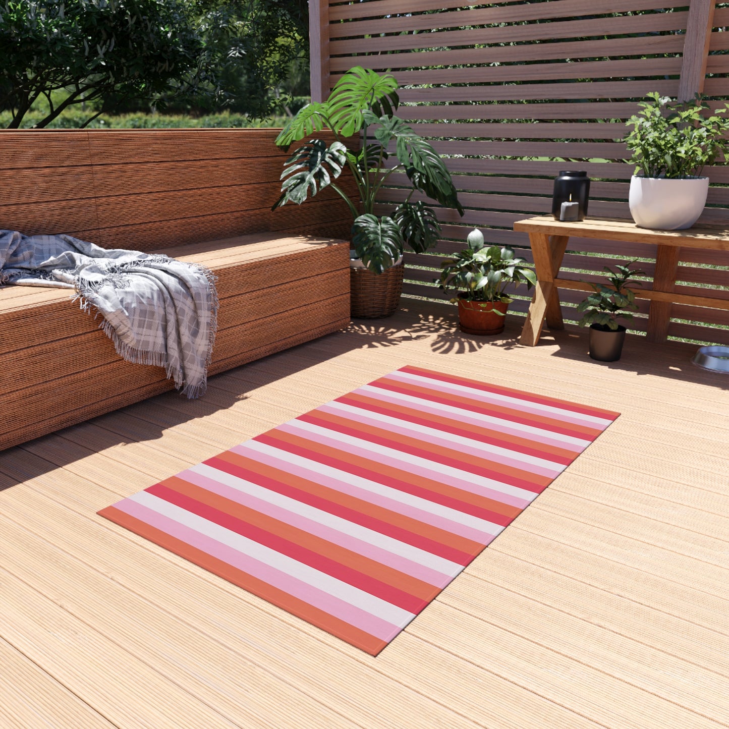Pink Red Orange White Striped Outdoor/Indoor Rug | Patio Mat, Waterproof Deck Rug