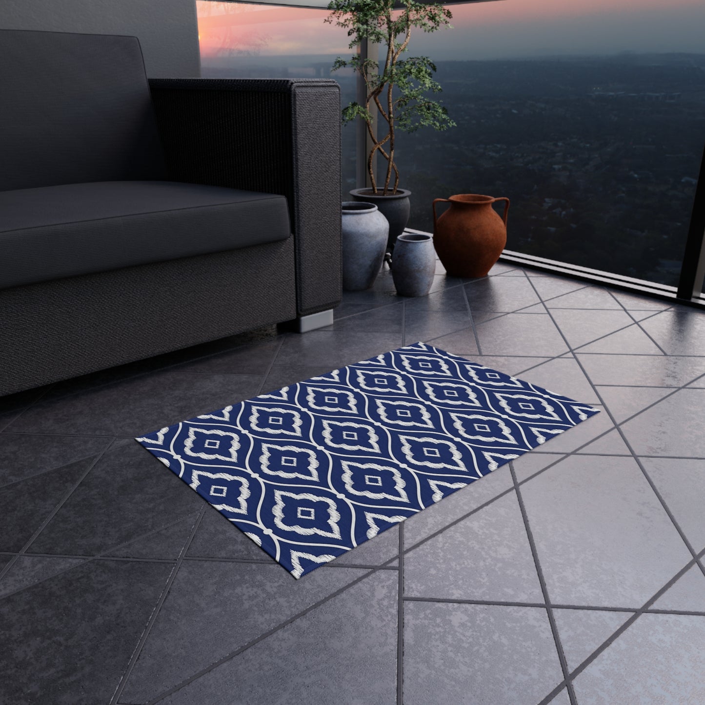 Navy White Ikat Geometric Outdoor/Indoor Rug | Patio Mat