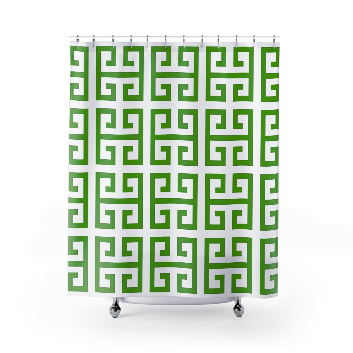 Green White Greek Key Pattern Shower Curtain | Geometric Bathroom Decor