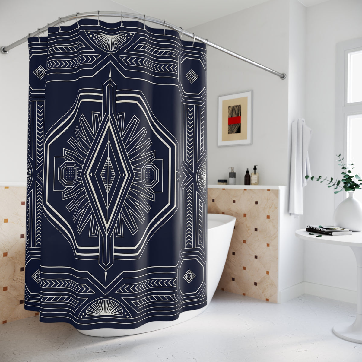Art Deco Geometric Shower Curtain | Navy White Pattern, Bathroom Decor