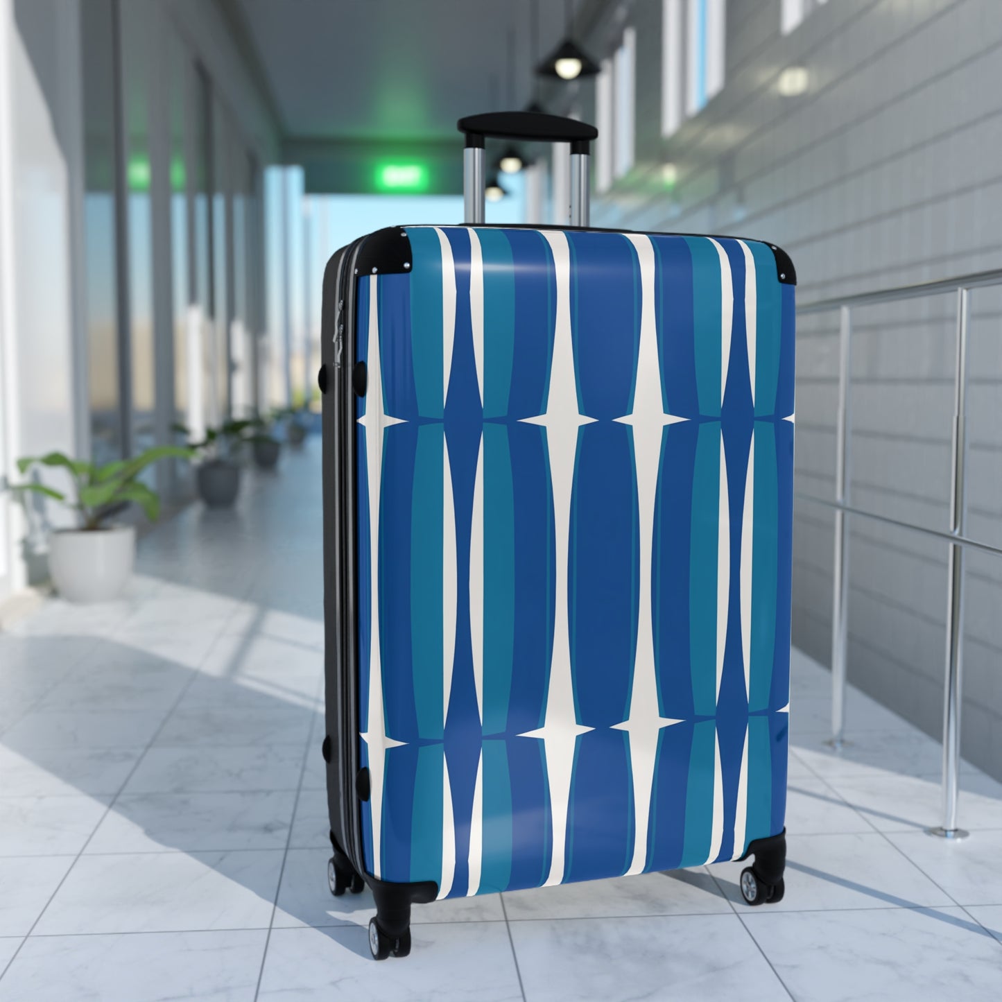 Blue Mid-Century Geometric Suitcase | Retro Stripe Luggage