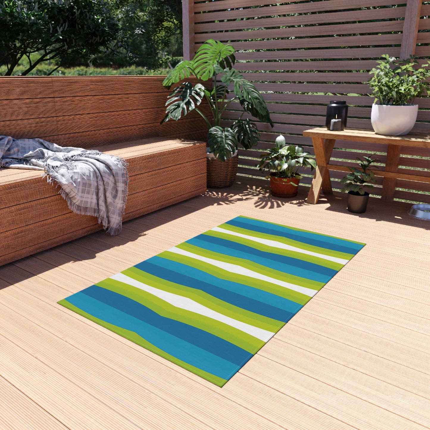 Blue Green White Wave Stripe Outdoor Rug | Patio Mat