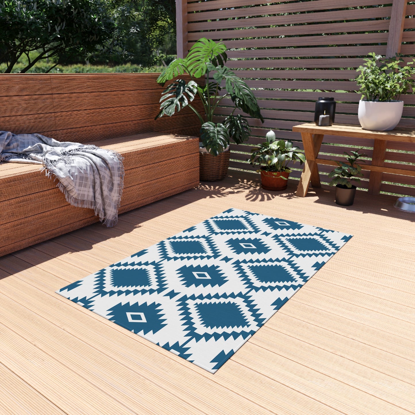 Blue White Aztec Diamond Outdoor/Indoor Rug | Geometric Patio Mat