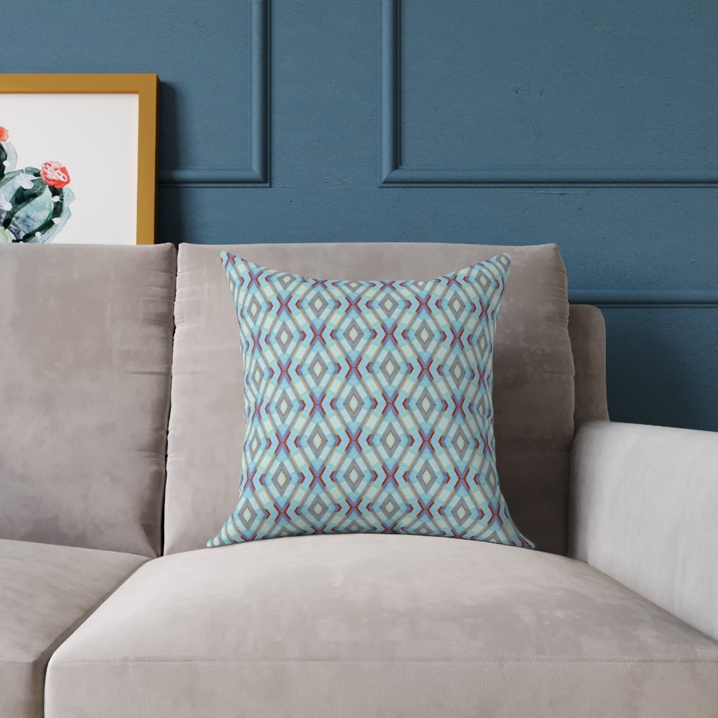 Geometric Diamond Pattern Square Pillow | Turquoise Blue Purple Dark Red Ikat Throw Pillow