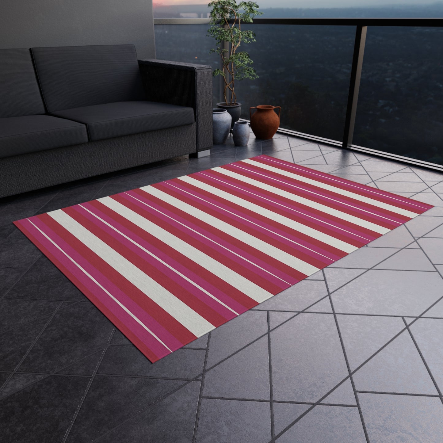 Red Pink White Stripe Outdoor Rug | Patio Floor Mat, Weatherproof Stripe Design