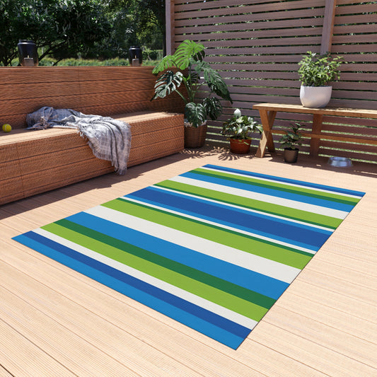 Blue Green Stripe Outdoor/Indoor Rug | Striped Patio Mat, Weatherproof Porch Rug