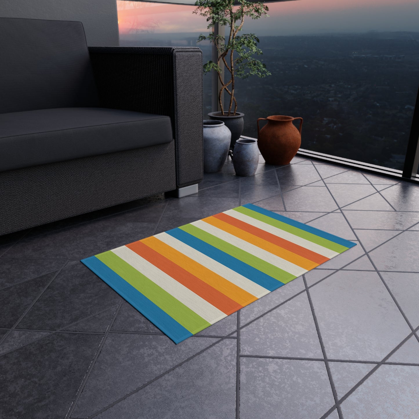 Colorful Vertical Stripes Outdoor/Indoor Rug | Patio Mat, Blue Orange Green