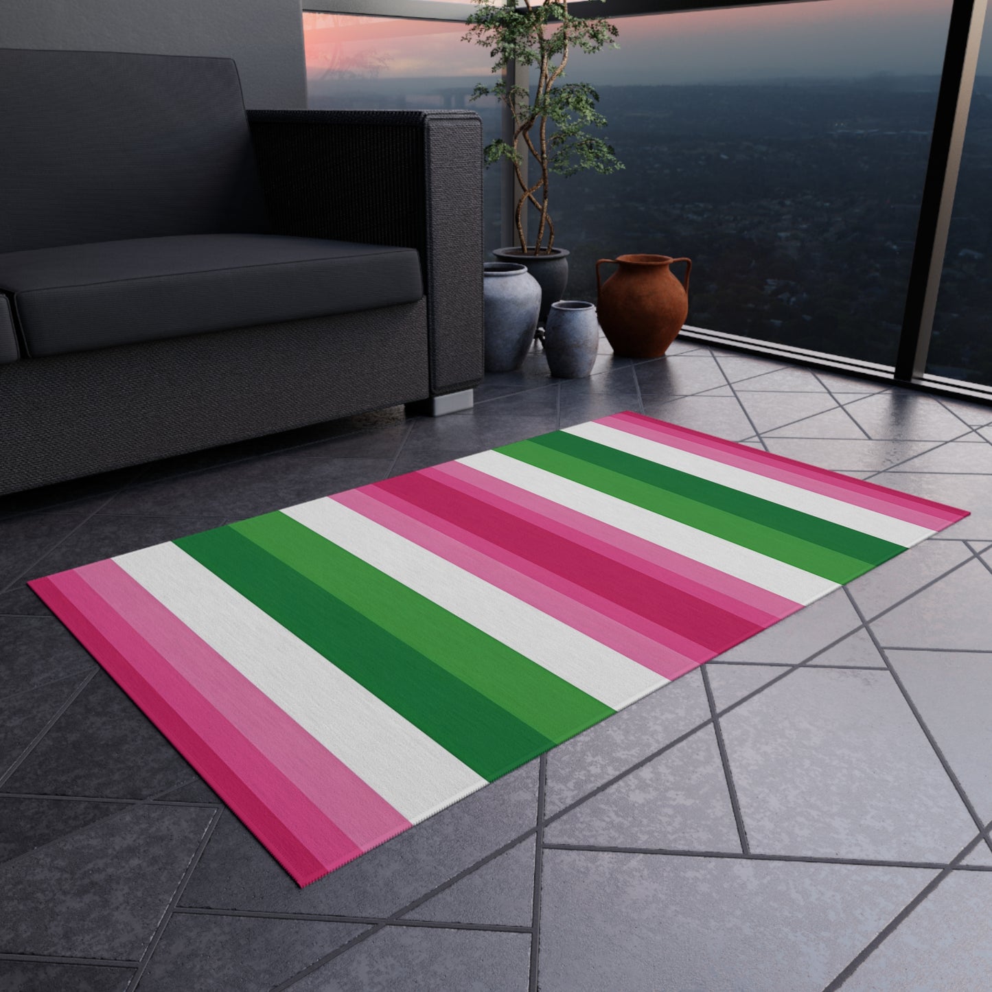 Pink Green Stripe Outdoor/IndoorRug | Striped Patio Mat