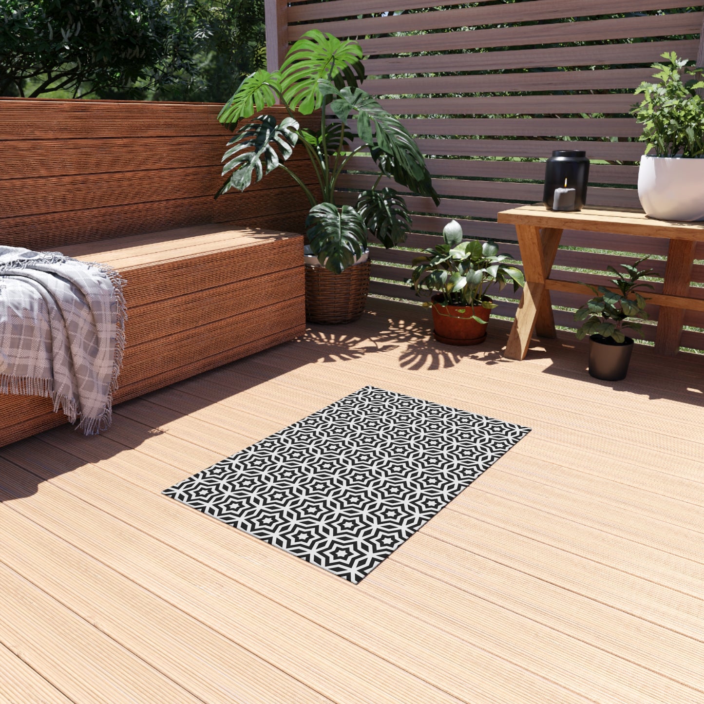 Black White Moroccan Tile Pattern Outdoor/Indoor Rug | Geometric Patio Mat