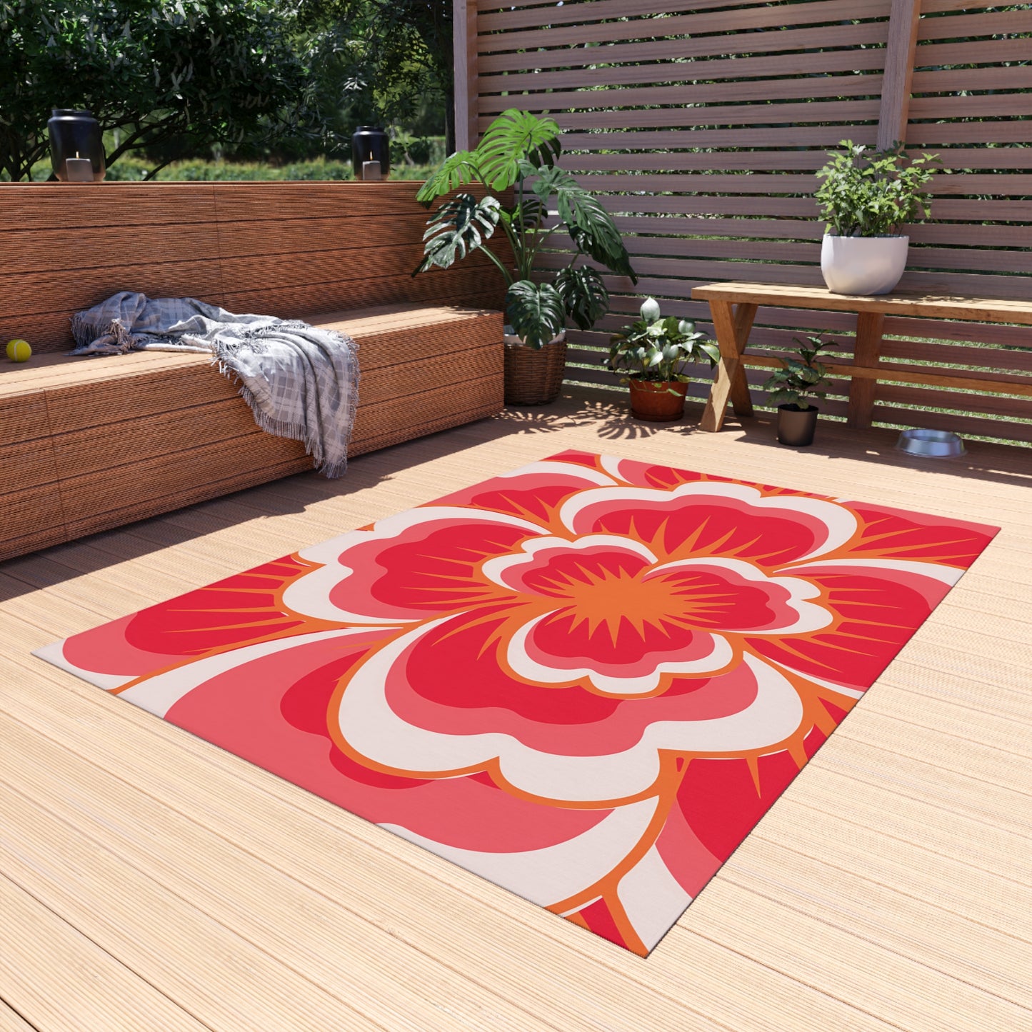 Bold Retro Floral Outdoor/Indoor Rug | Red Pink Hibiscus Pattern