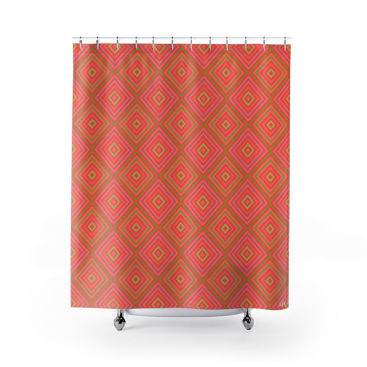 Retro Diamond Geometric Shower Curtain | Pink Coral Green Pattern