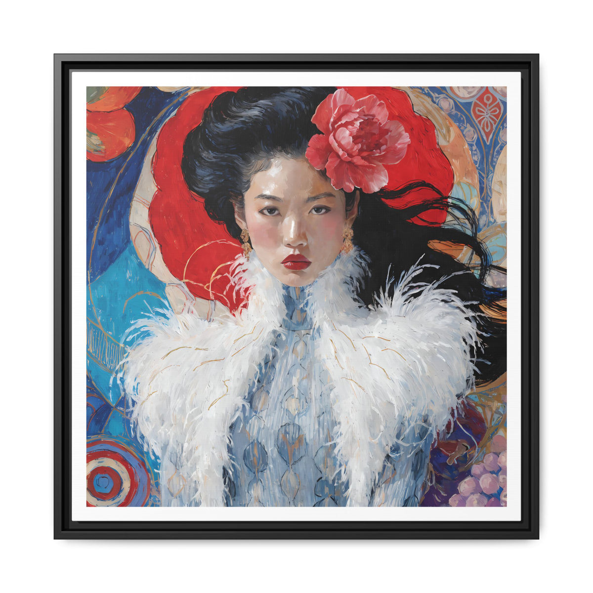 Asian Femme Portrait Matte Canvas Framed | Woman with Feather Collar Wall Art
