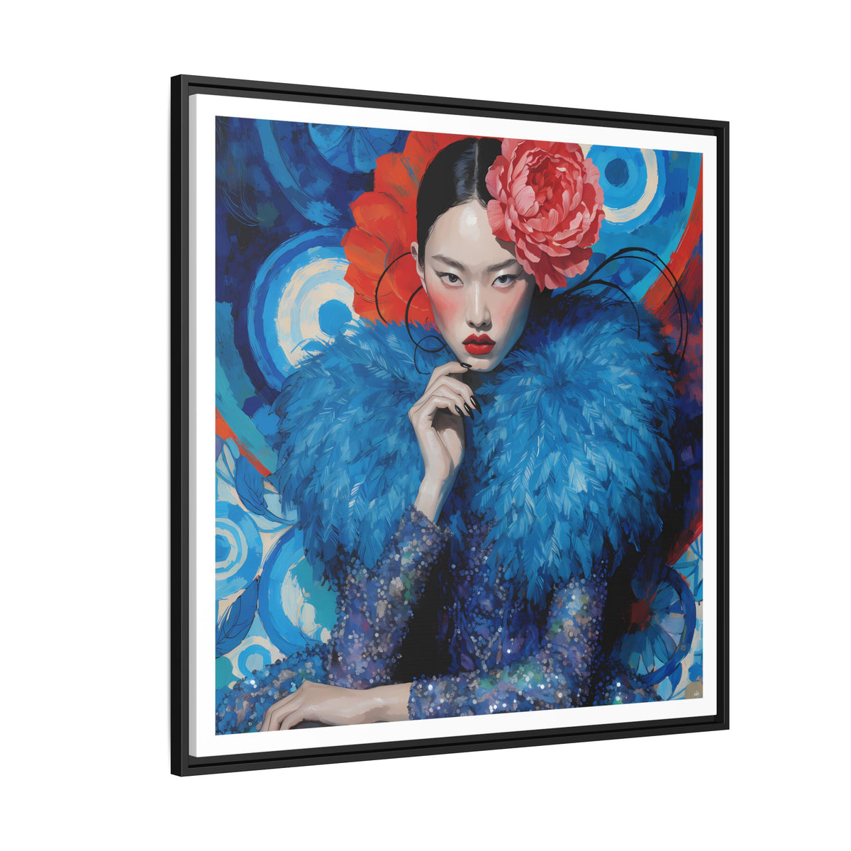 Floral-Femme Asian Woman Portrait Matte Canvas Framed Wall Art | Colorful Fashion Illustration