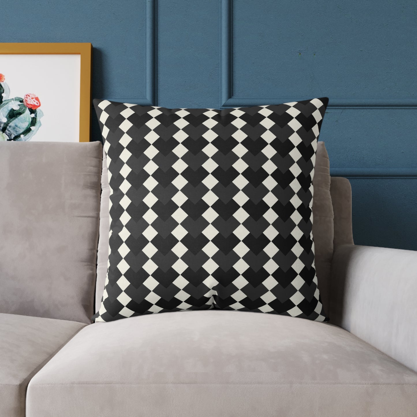 Black White Harlequin Diamond Pattern Pillow | Square Poly Canvas Pillow