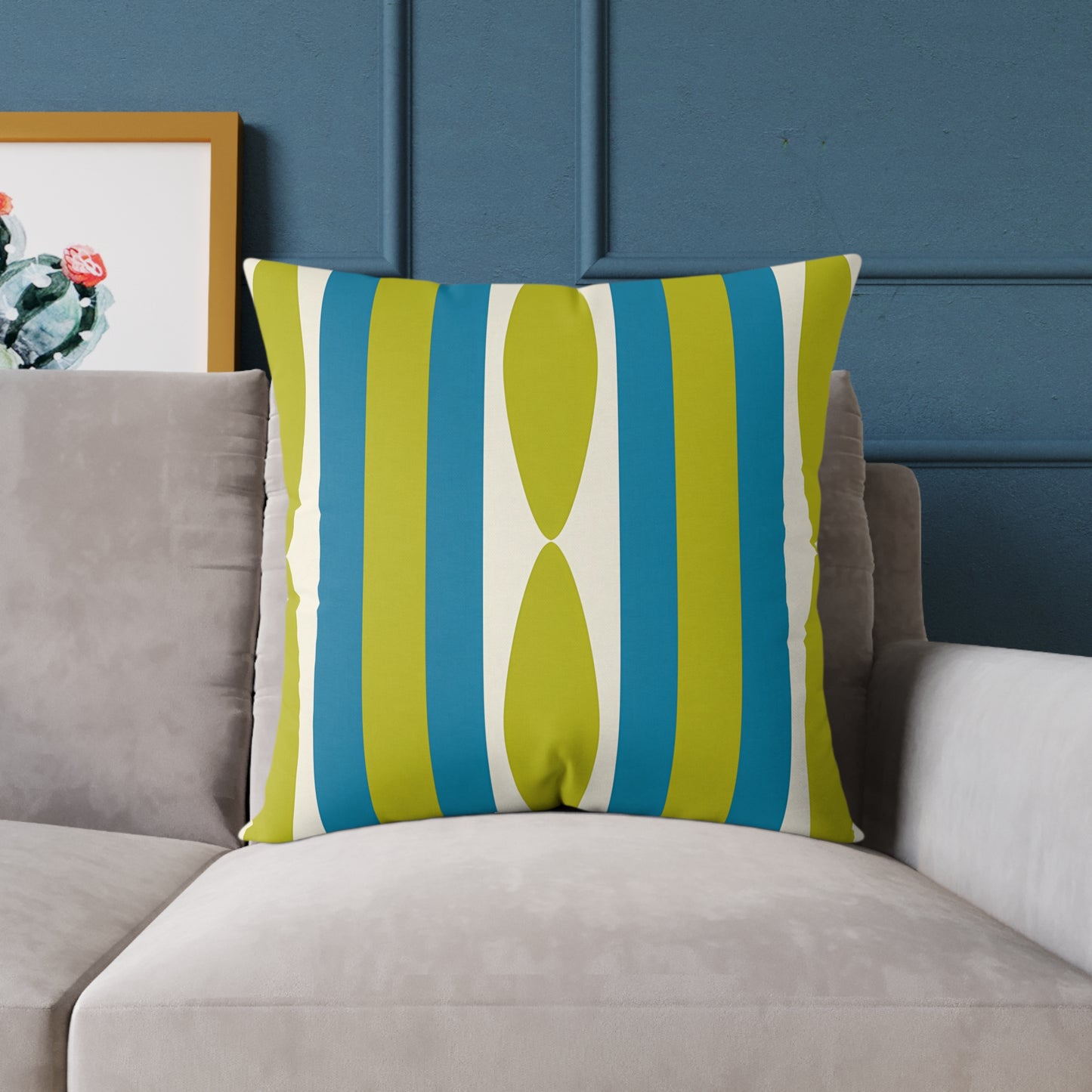 Mid Century Modern Stripe Pillow | Green and Cerulean Blue Geometric Retro Pattern