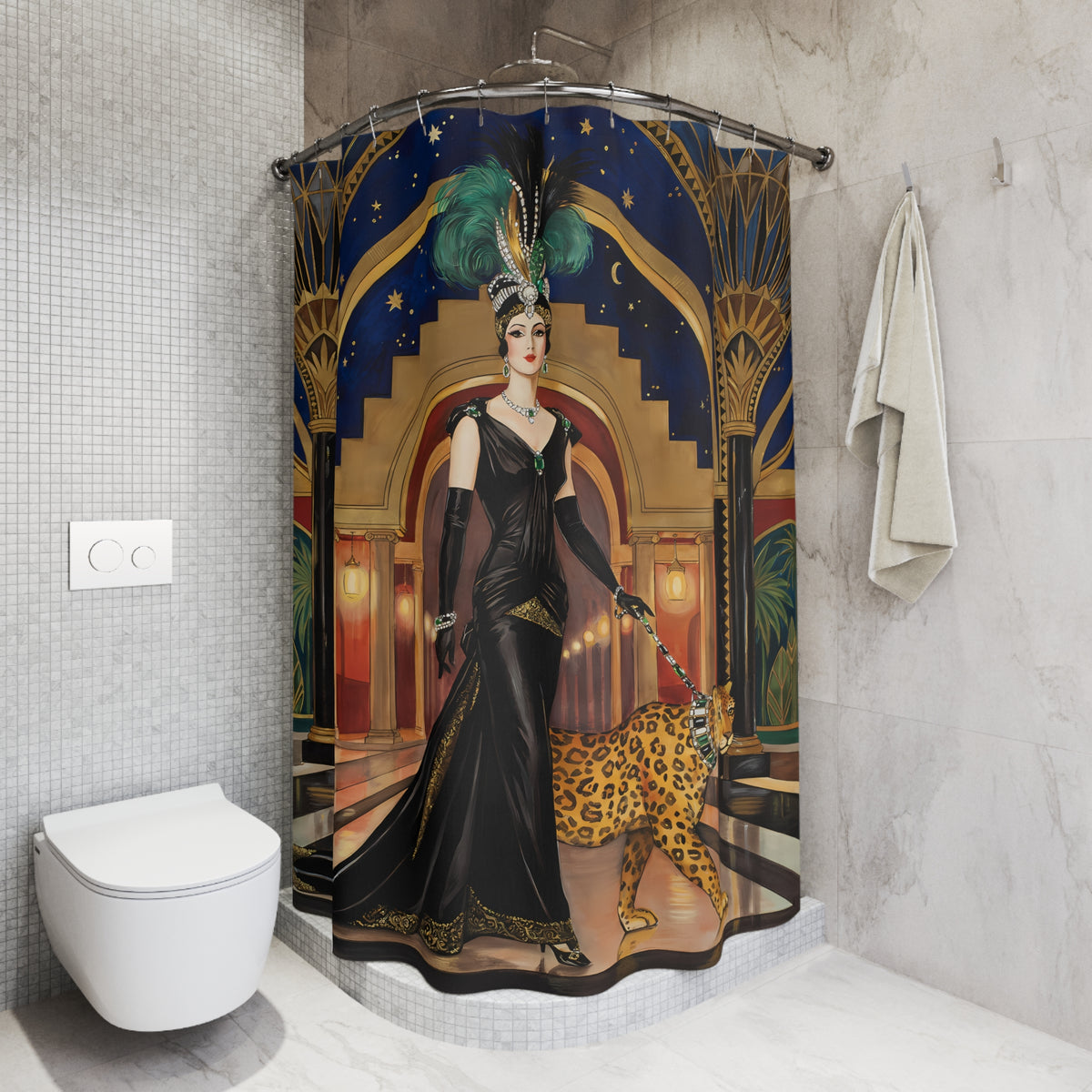 Art Deco Flapper with Leopard Shower Curtain | 1920s Gatsby Bathroom