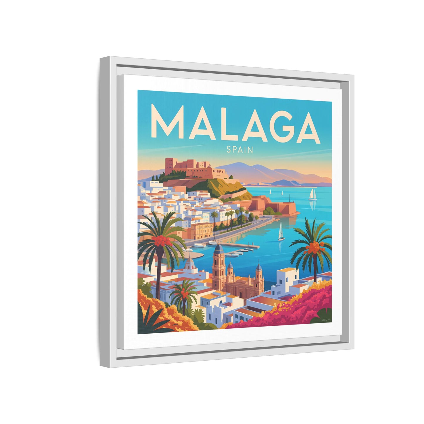 Malaga Spain Coastal  Matte Canvas Framed Wall Art| Vintage Style Travel Art