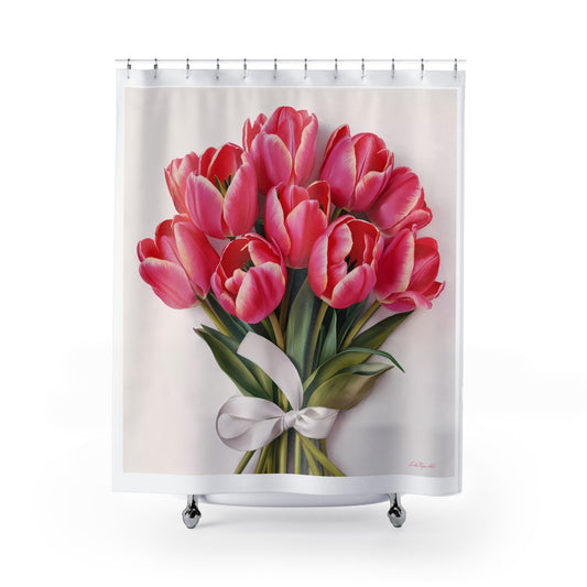 Pink Tulip Bouquet Shower Curtain - Feminine Farmhouse Bathroom Decor, Floral Bath Accessories, White Bathroom Curtain, Spring Flower Home