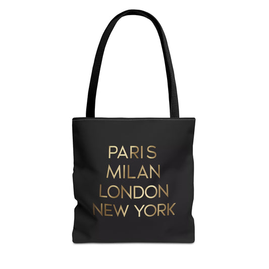 Fashionista Style Black Tote Bag - Paris Milan London New York Gold Typography, Travel Accessory, City Names, Shopping Bag, Fashion Lover