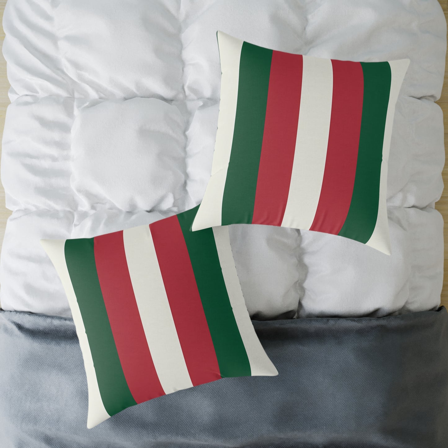 Green Red White Stripe Pillow | Square Poly Canvas Pillow